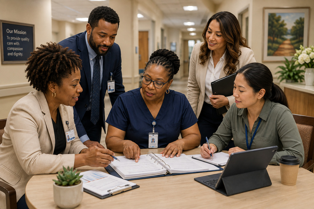 Long-term care leadership team collaborating during a strategy meeting